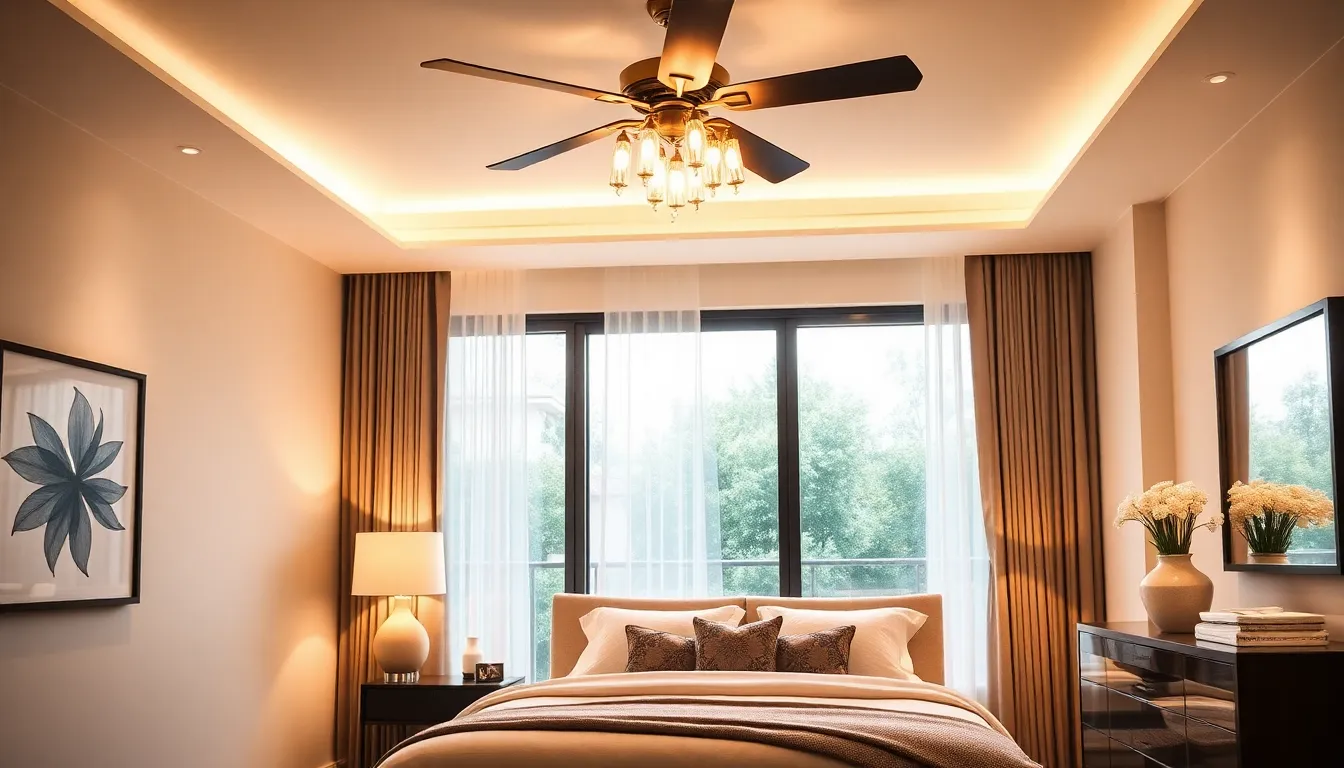 a modern bedroom with a stylish fandelier light fixture.
