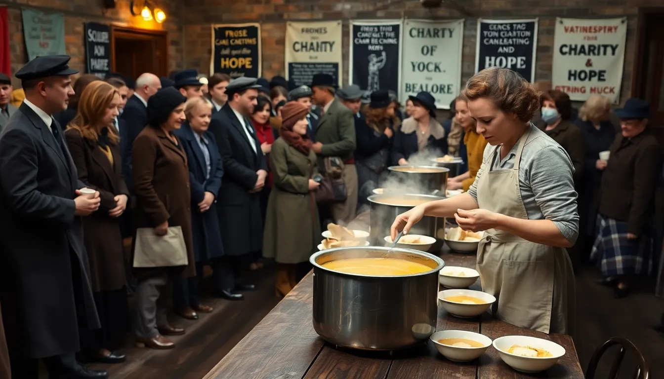 people in a 1930s soup kitchen receiving meals during the Great Depression.