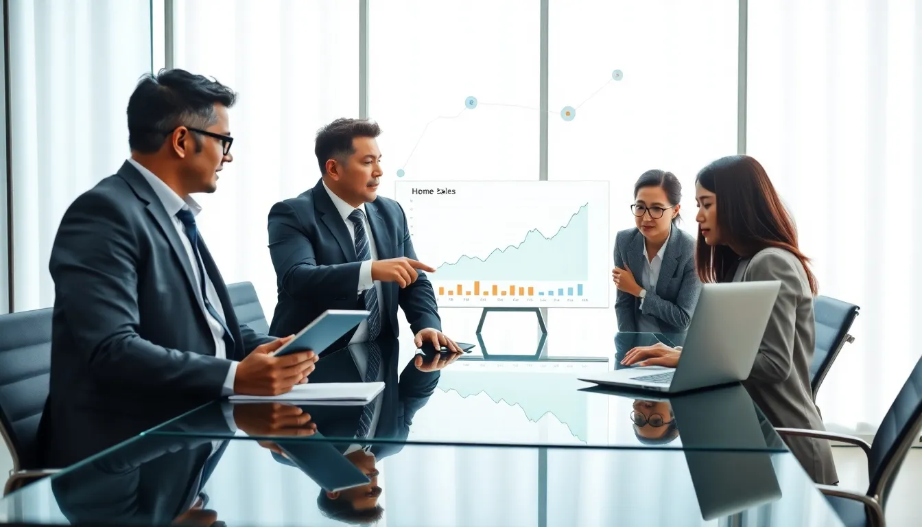 real estate professionals discussing home sales trends in a modern office.