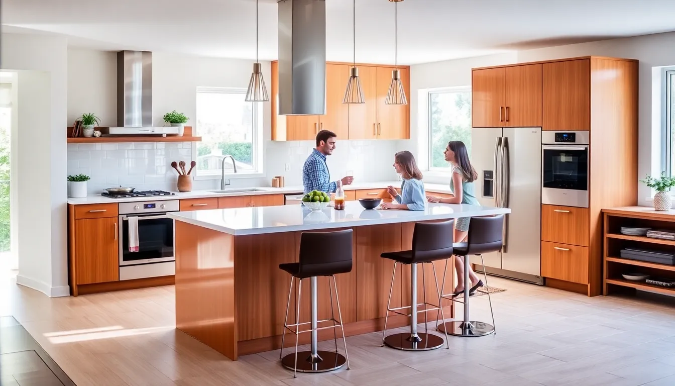 modern kitchen embodying beauty, longevity, and technology with family gathered.