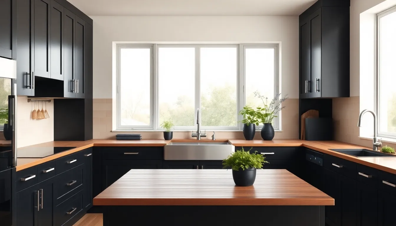 modern kitchen with dark cabinets and complementary color scheme.