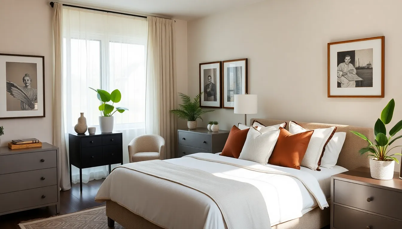 well-decorated guest bedroom with warm lighting and inviting decor.