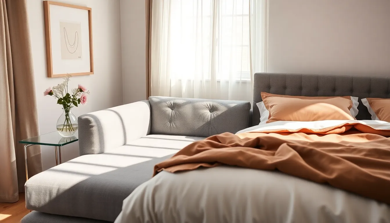 modern bedroom with a cozy couch and soft natural lighting.