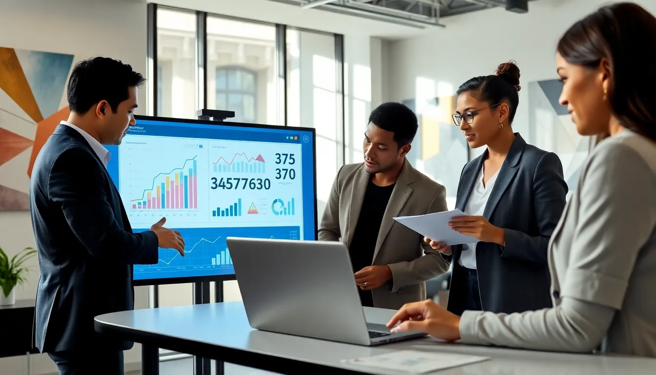 diverse analytics team discussing data in a modern office.